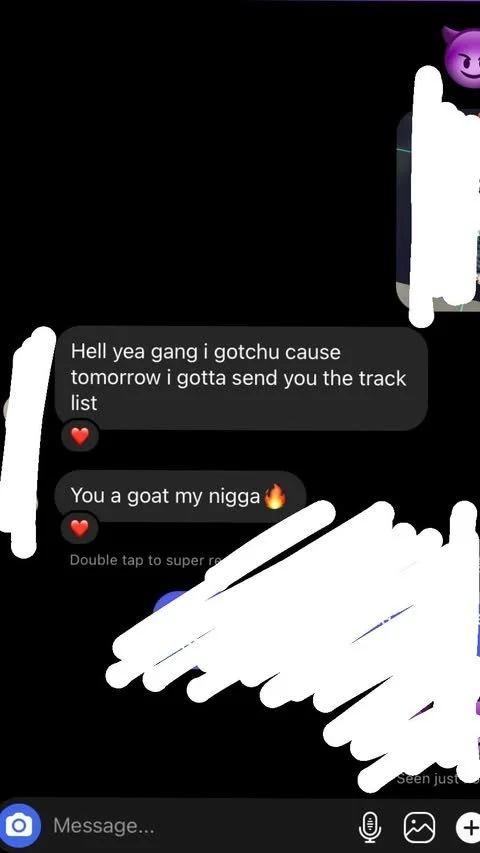 Screenshot of a text message conversation with offensive language and emojis, including a purple devil face emoji and a fire emoji.