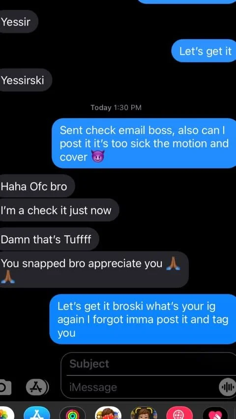 Screenshot of a text message conversation between two people discussing sending a check email, posting a photo on Instagram, and tagging someone.