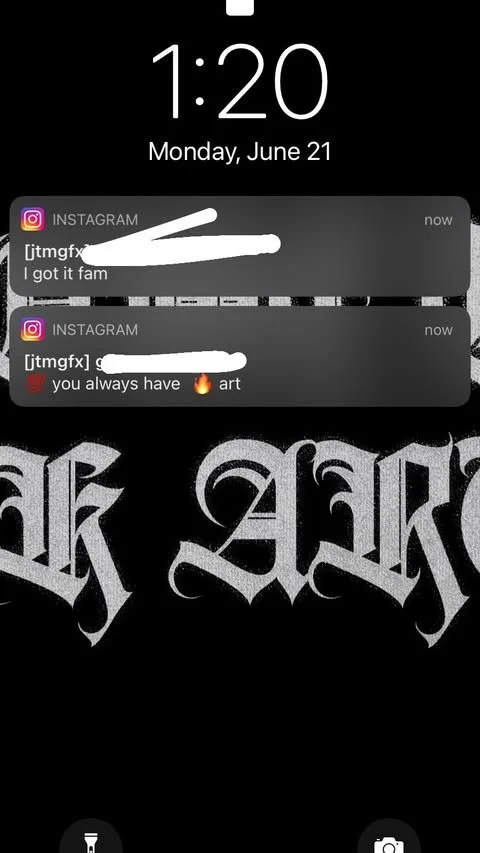 Mobile phone lock screen showing the time as 1:20 on Monday, June 21. Two Instagram notification messages are visible, one with the text "I got it fam" and the other with the text "you always have fire art". The background behind the notifications fe