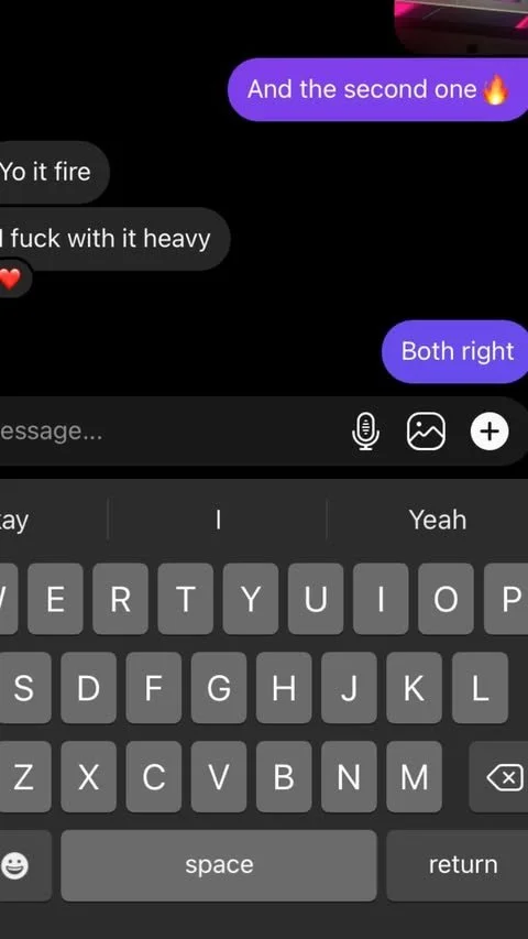 Screenshot of a text message conversation with black and purple speech bubbles, showing exchanges about music or sound effects, and a visible keyboard at the bottom.