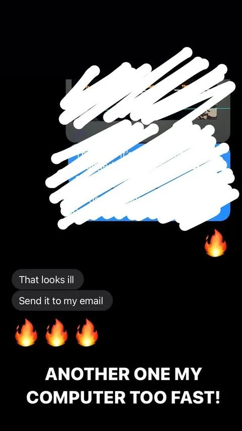 A screenshot of a text conversation discussing a computer problem, with messages saying "That looks ill," "Send it to my email," and multiple fire emojis. The background includes a partially obscured computer screen or desktop with some icons, and th
