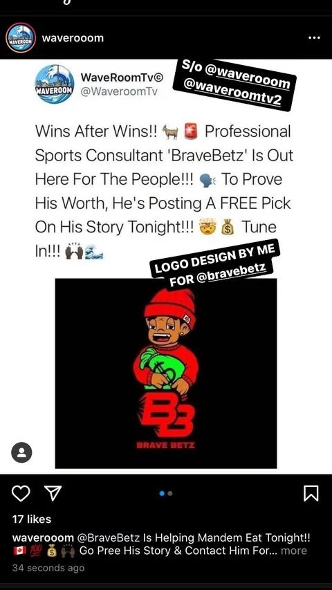 A social media post from WaveroomTV promoting a professional sports consultant named BraveBetz, who is offering a free pick. The post includes a cartoon image of a person with a red hat, holding green money, and the text 'BRAVE BETZ' with a logo desi