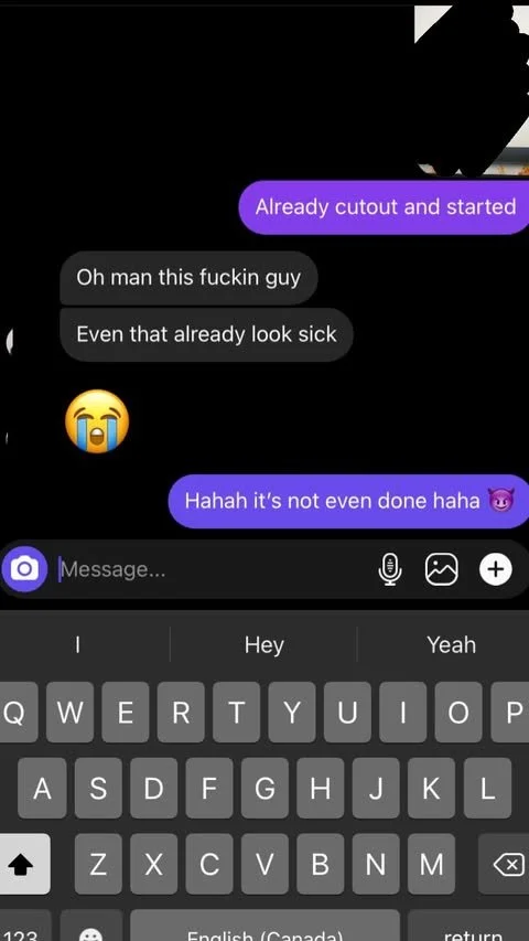 Screenshot of a text message conversation with black and purple chat bubbles, including emojis and informal language.