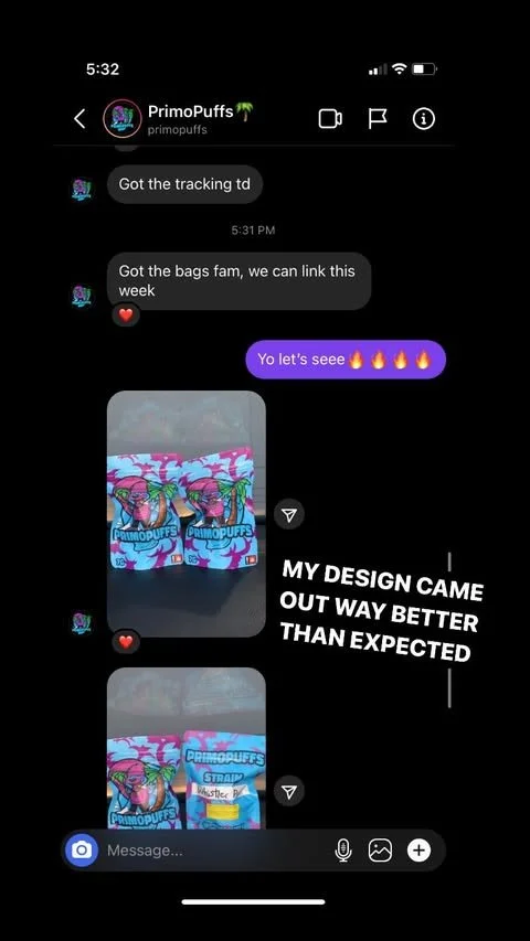 Screenshot of a messaging app conversation discussing a product with multiple photos of pink flamingo-themed bags or packages, and text overlay stating "My design came out way better than expected."