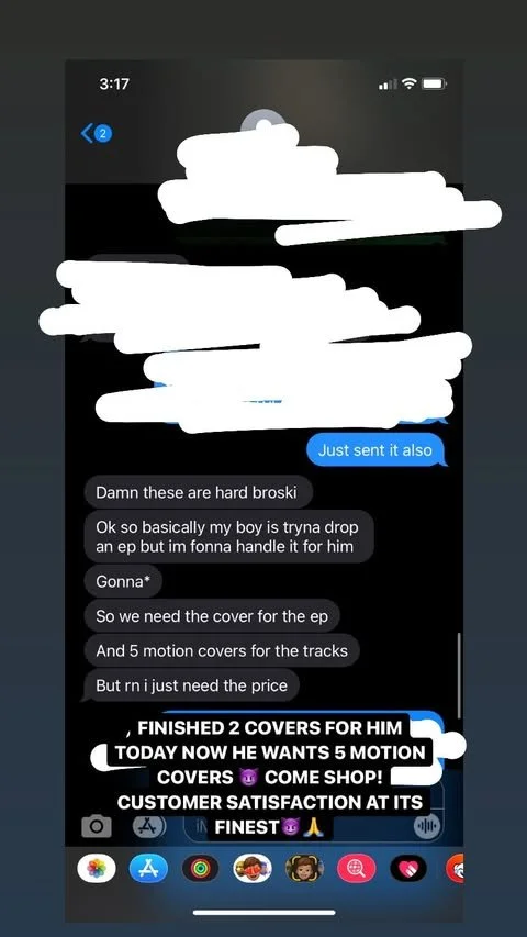 Screenshot of a messaging app conversation discussing music covers, including EP and song tracks, with a promotional message at the bottom about a shop offering covers and motion covers.