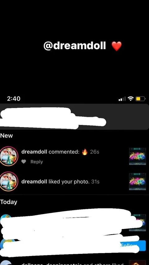 Screenshot of a social media post with the text '@dreamdoll ❤️' on a black background, showing comments and likes beneath.