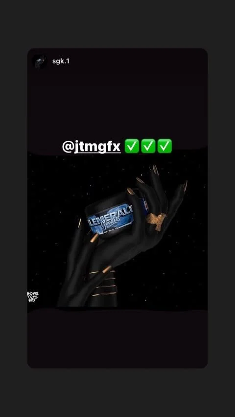 A digital illustration features a black-gloved hand holding a small container of L'Oreal Genifique skincare product against a dark, starry background. The image includes the text '@jtmgfx' with three green check mark emojis.