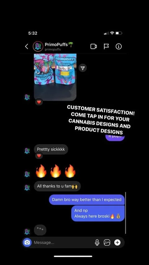 Screenshot of a social media chat promoting cannabis-themed product designs, featuring images of colorful product packaging and text praising customer satisfaction.