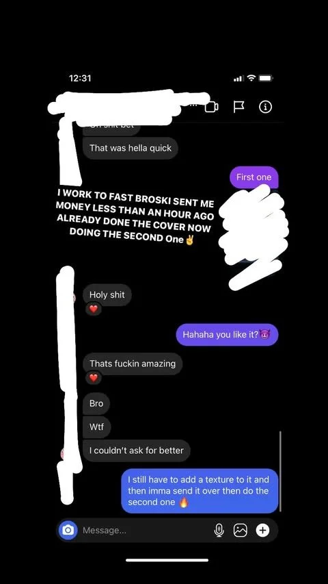 Screenshot of a chat conversation on a mobile device with a black background. The conversation includes messages about creating and doing a second version of something, with expressions of enthusiasm and admiration.