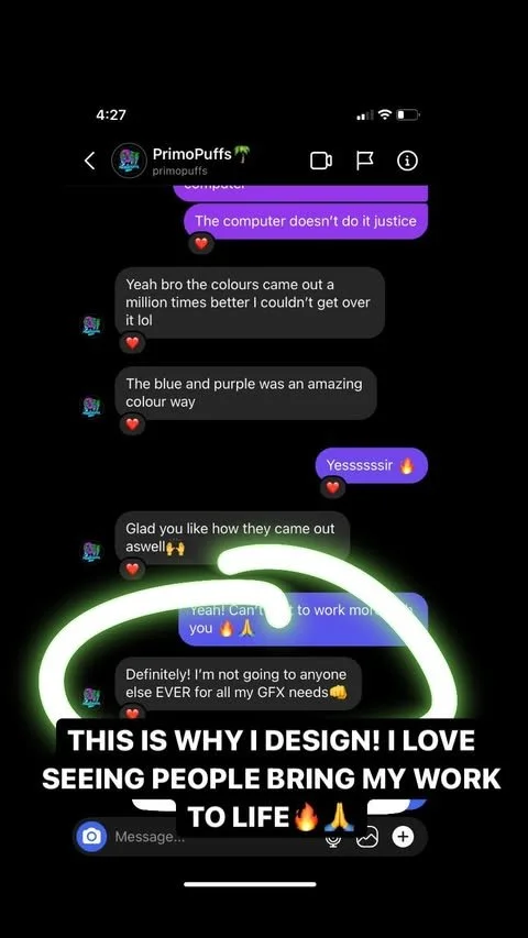 A screenshot of a group chat on a mobile phone discussing a color-changing computer system. The chat contains multiple messages praising the color effects, with a neon green circle and a caption at the bottom expressing love for their work and the im
