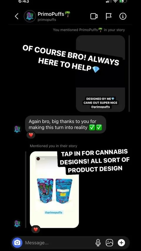 Instagram conversation screenshot promoting cannabis product designs, featuring text overlay and images of colorful cannabis product packaging.