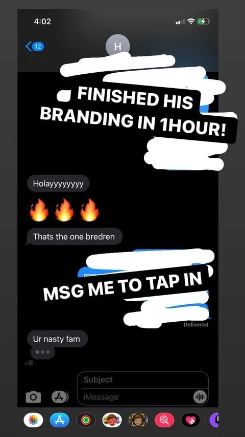 A screenshot of a text message conversation on a phone. The conversation includes messages like "Holayyyyyyyy," fire emojis, and comments about branding and someone being nasty. The top and middle of the image have white text with black background th