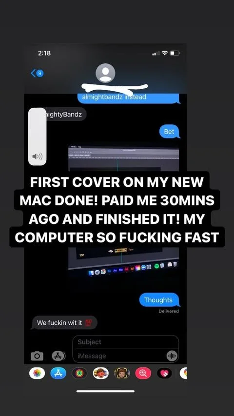 Screenshot of a text message conversation on a smartphone, showing a person celebrating their new Mac computer. The message includes excitement about completing a cover on the new Mac after paying for it. The background shows the Mac screen with the 