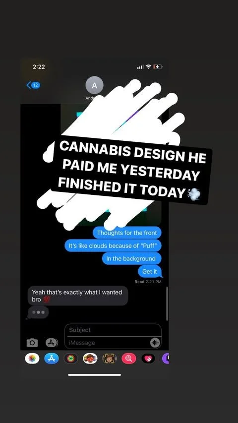 Screenshot of a text message conversation discussing cannabis design and clouds that look like puff.