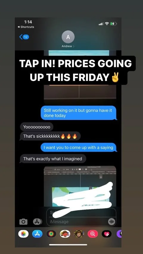 A screenshot of a text conversation on a smartphone with a message about prices going up on Friday, and a preview of a computer screen showing a digital artwork or graphic design project.