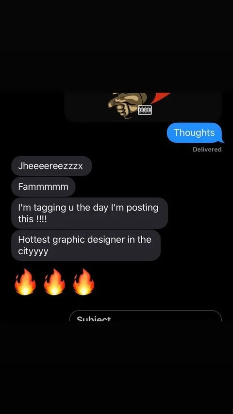 A screenshot of a text conversation with a dark background. The messages include excited comments and emojis, and there is a sticker at the top showing a hand in a suit pointing with a red background.