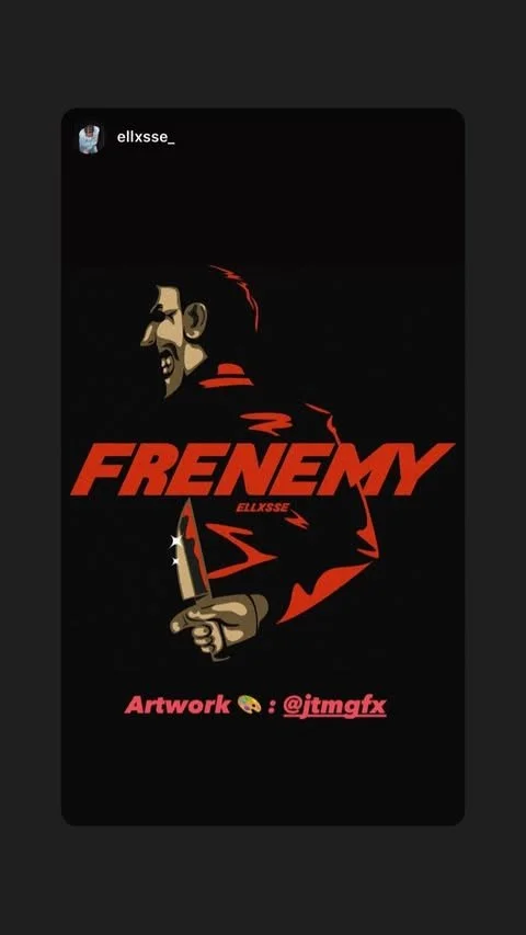 A dark illustration of a man holding a knife with a star on the blade, smiling menacingly. The text says 'FRENEMY' in bold red letters with the artist's credit below.