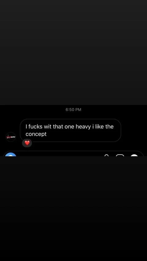 Screenshot of a text message conversation with a black background, showing a message that says "I fucks wit that one heavy I like the concept" and a red heart emoji.