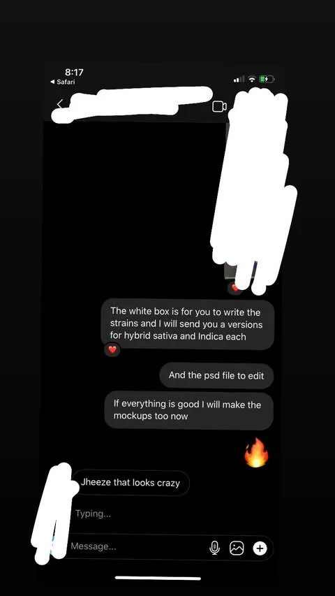 A smartphone screen showing a text conversation about writing and editing strains and mockups, with some parts redacted.