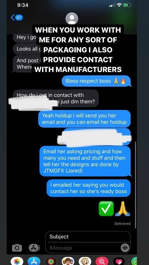Screenshot of a text message conversation discussing working with someone on packaging and providing contact details to a manufacturer.