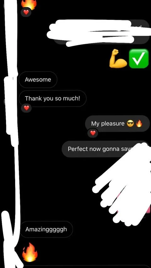 A smartphone screen displaying a conversation with multiple messages including emojis such as a heart, flexed biceps, smiley face with sunglasses, fire, and heart, on a black background.