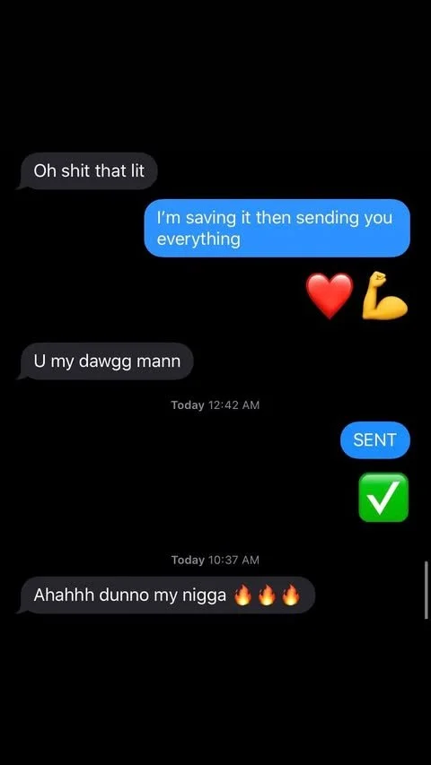 A screenshot of a text message conversation on a black background, showing messages about saving and sending everything, with emojis including a heart, biceps, checkmark, and fire.