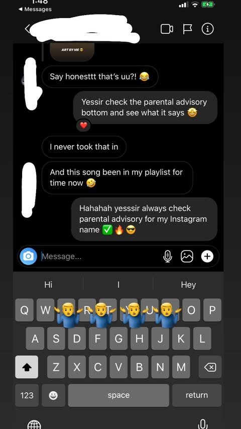 Screenshot of a text message conversation about checking parental advisory warnings and playlists, with a keyboard at the bottom showing emojis of a person raising their hand.