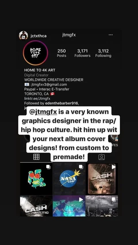 Instagram profile page of @jtmgfx, a graphic designer specializing in rap and hip hop album cover art, featuring profile information, contact details, and a showcase of some of their digital artwork.