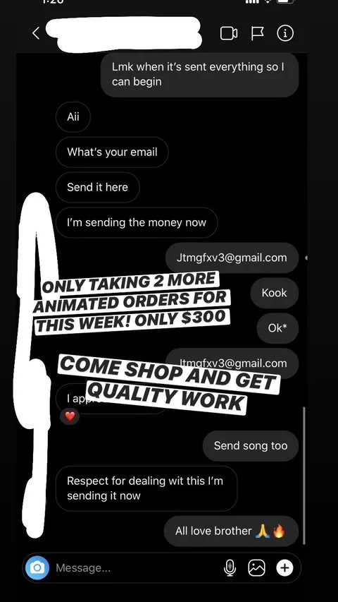 Screenshot of a text message conversation advertising animated order services for $300 per week, including contact information, a promotional message about quality work, and a request to send a song.