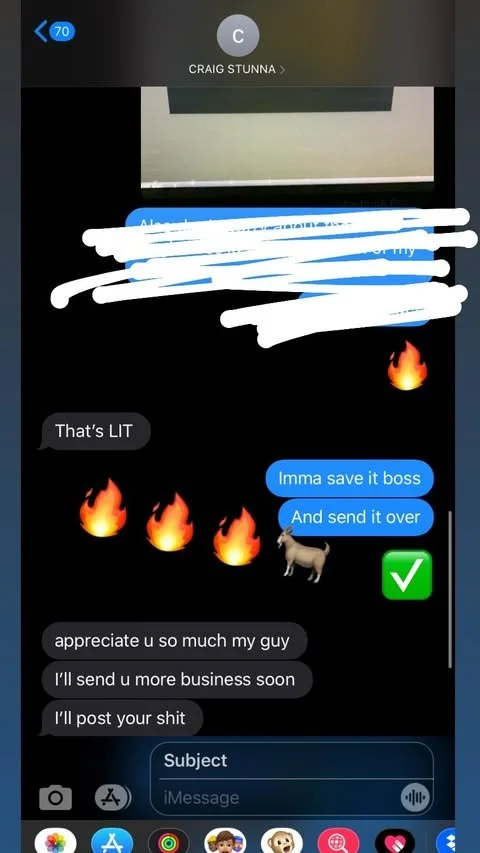 Screenshot of a text message conversation discussing something as 'lit' with fire emojis, with a dog emoji and a green check mark, indicating approval or completion.