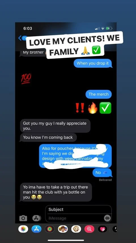 Screenshot of a text message conversation with messages about supporting clients, merchandise, and plans to return. The image includes annotations like 'LOVE MY CLIENTS! WE ARE FAMILY,' emojis, and symbols indicating appreciation and enthusiasm.