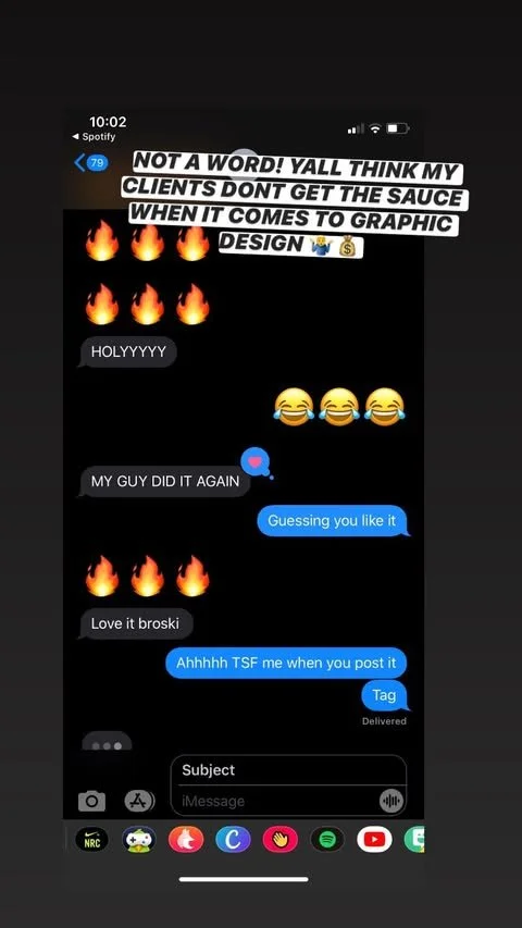 Screenshot of a group chat on a phone showing multiple fire emojis, laughing emojis, and texts about graphic design work.