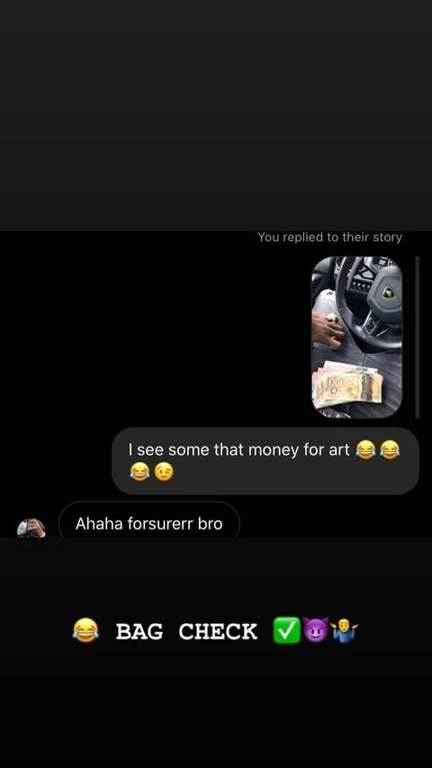 A phone screen displaying a text message conversation with an image of a car interior, cash, and a bag check emoji.