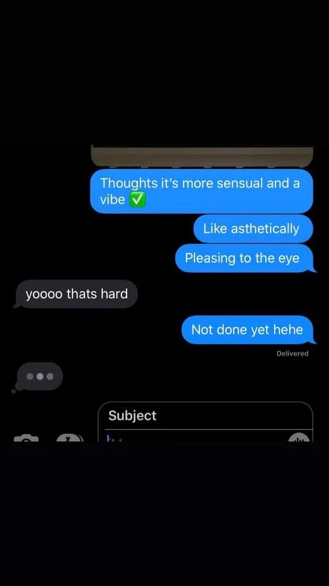 A screenshot of a text message conversation on a phone with blue and gray message bubbles, discussing aesthetics and pleasure, including a green check mark emoji.