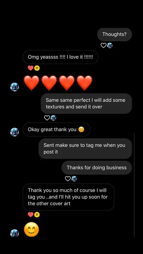 Screenshot of a text message conversation discussing artwork, expressing love for it, and plans for adding textures and sharing it.