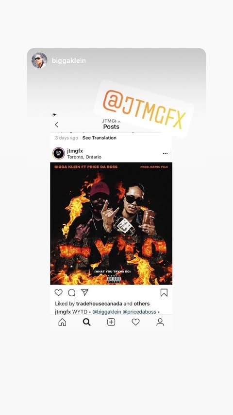 Screenshot of an Instagram post showing a music album cover with flames and two artists, with social media icons and user commentary.