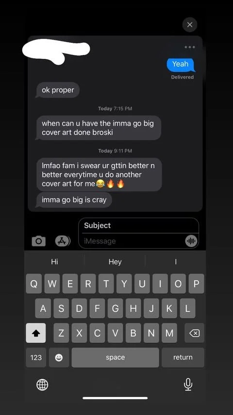 Screenshots of a text message conversation about creating a large cover art.