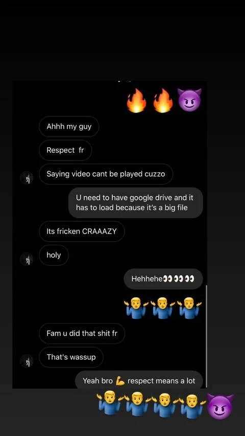Screenshot of a chat conversation with emojis, including fire, devil face, and people raising their hands, discussing a video file.