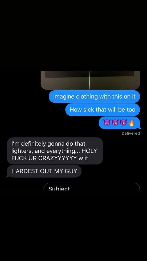 Screenshot of a text message conversation with someone sharing plans to create clothing with a specific design, expressing excitement and love for their partner.