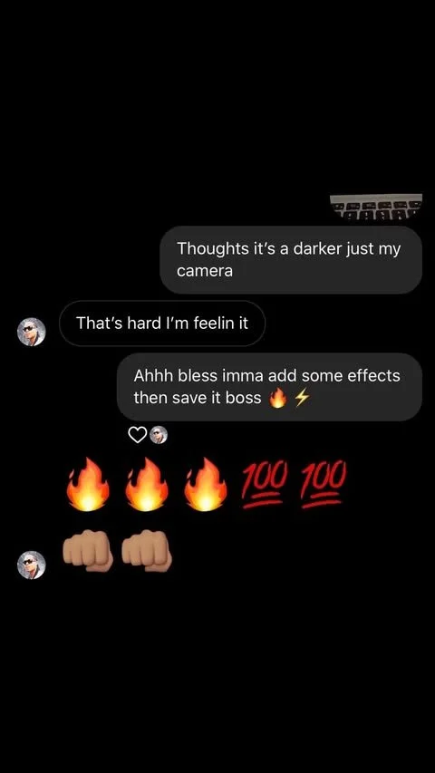 Screenshot of a messaging conversation with black background, displaying fire and fist emojis.