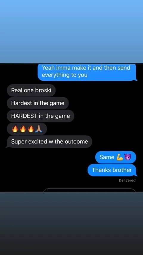Screenshots of a text message conversation about making a deal and feeling excited for the outcome, with emojis including fire, praying hands, flexed arm, and purple devil.