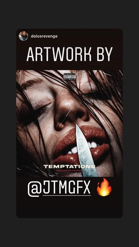 A promotional graphic featuring a close-up of a woman's face with styled makeup and wet hair. She has her lips open, a knife near her mouth, and the text mentions artwork by @JTMGFX with the theme 'Temptations'.