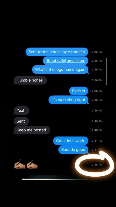A screenshot of a text message conversation about transferring terms and logo name, including sending an email, confirming details, and agreeing to start work, with two hand gesture emojis and an illuminated circle at the bottom right.