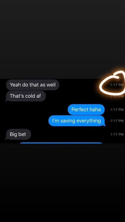 A text message conversation with blue and gray speech bubbles, with the time 1:17 PM, and a faint neon-colored highlighted circle in the top right corner.