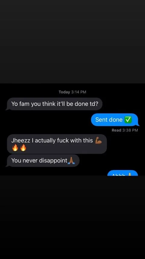 A screenshot of a text message conversation showing messages about completing a task, expressing confidence and enthusiasm, and using emojis like a check mark, flexed biceps, fire, and praying hands.
