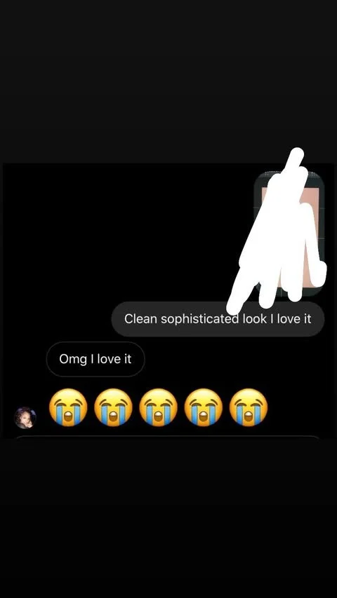A conversation with text messages on a dark background, including phrases like 'Clean sophisticated look I love it' and 'Omg I love it,' followed by multiple crying emojis, and a hand pointing at a phone screen.