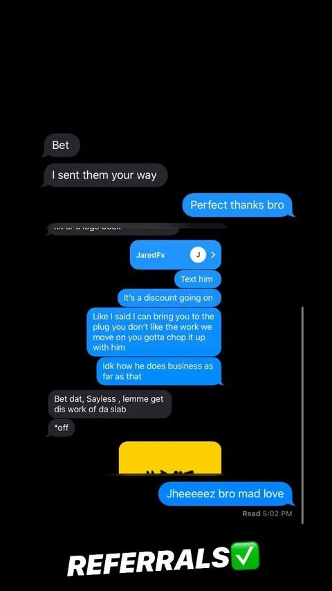 A screenshot of a text message conversation on a black background, featuring casual exchanges about sending something, a discount, and referring to a person named Jaredfx, ending with a caption 'REFERRALS' and a checkmark icon.