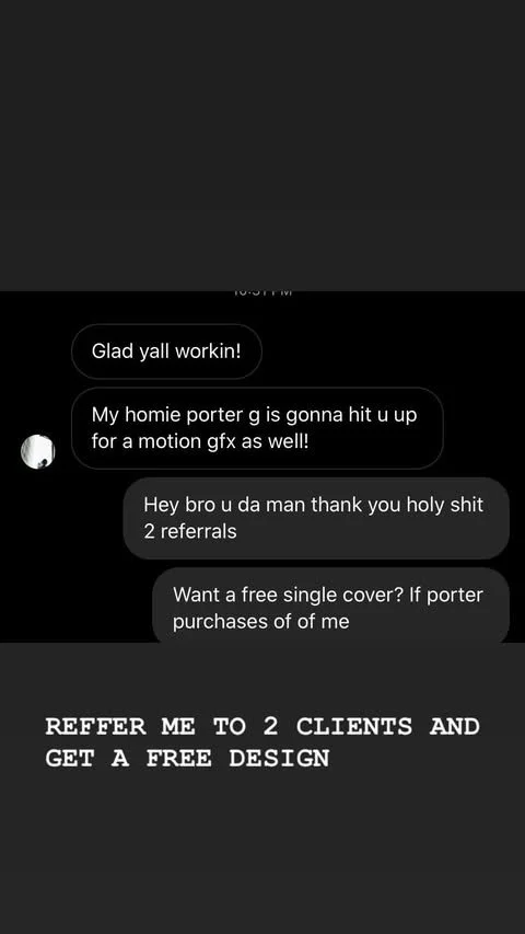 Social media chat exchange about work referrals and free design offers, with promotional message at the bottom.