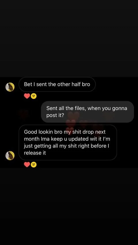 Screenshot of a text conversation about sending files and dropping a product next month.