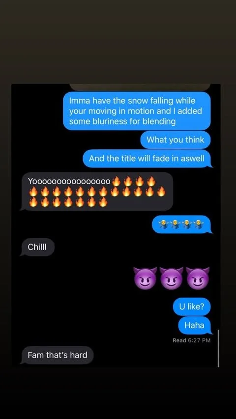 A screenshot of a text message conversation about snow falling with emojis of fire, snowflakes, and purple devil faces, ending with a message about the difficulty of being a fan.